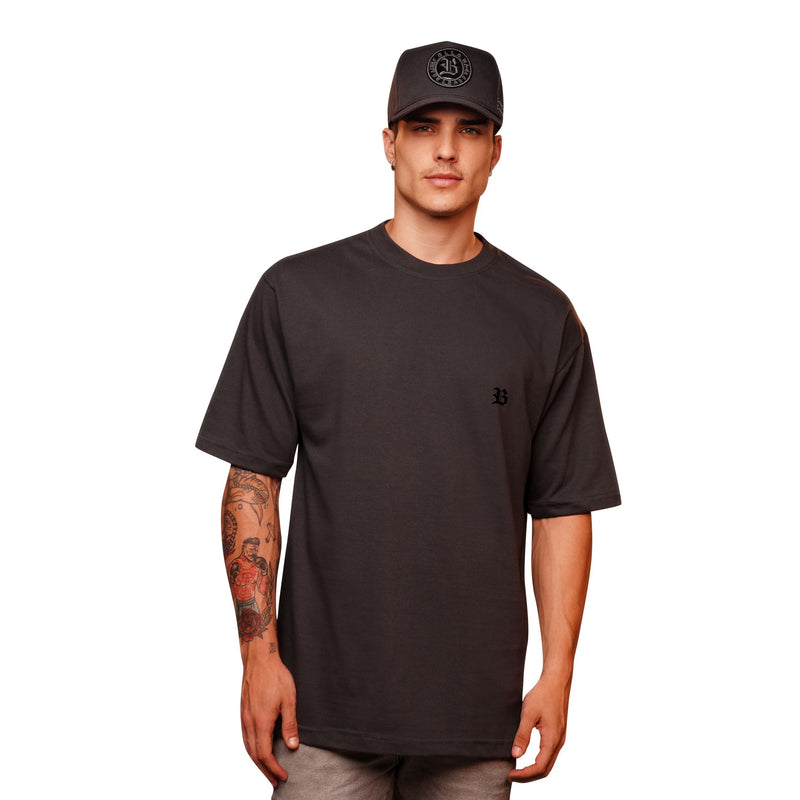 Camiseta Oversized Cinza Grafite Básica Logo B