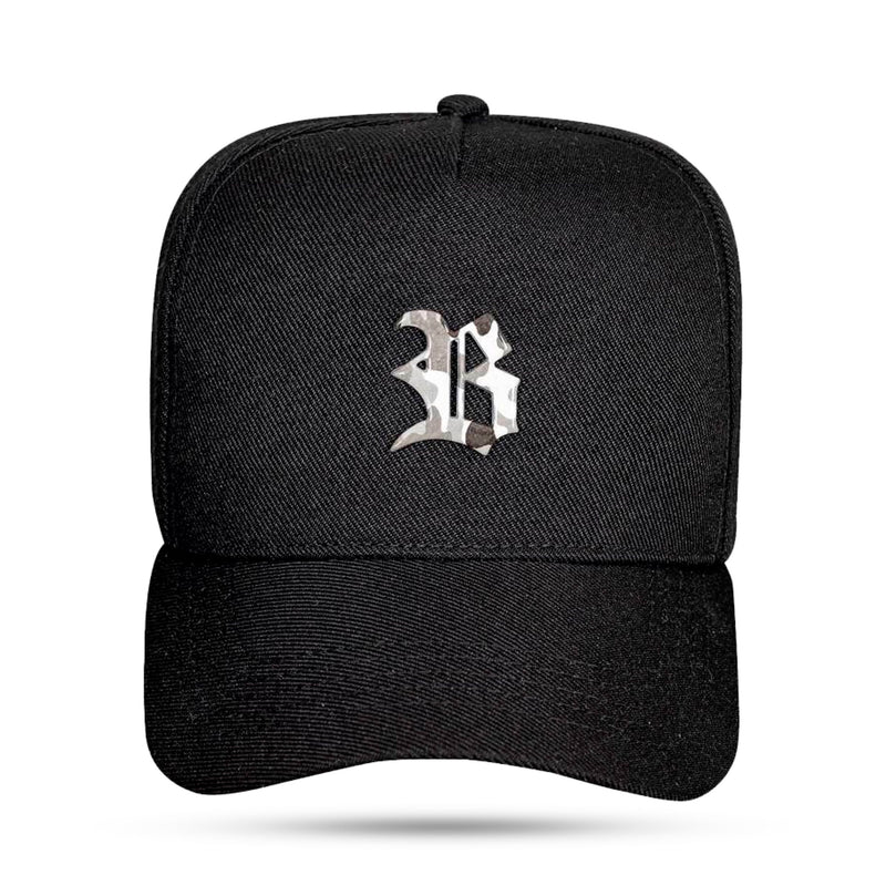 Boné Snapback Preto Logo Metal Camuflado Claro