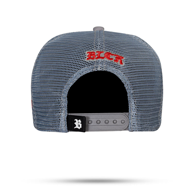 Boné Cinza Snapback Trucker Alto Relevo Contra Aba Vermelha