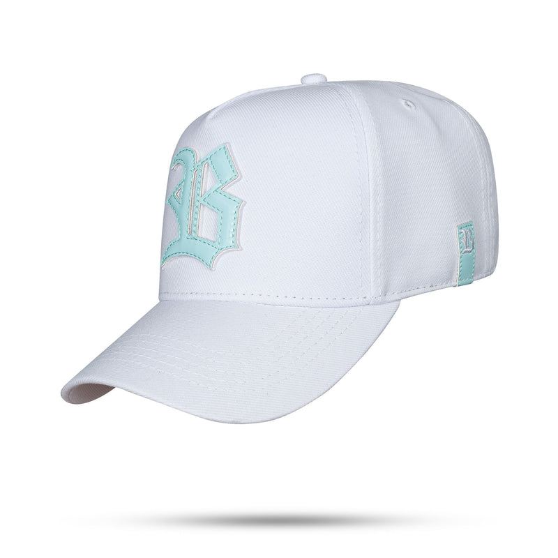 Boné Branco Snapback Logo Alto Relevo Verniz Azul Claro