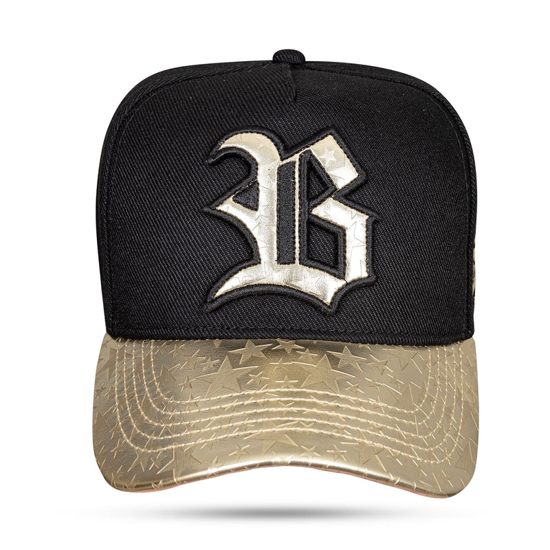 Boné Preto Snapback Aba Couro Star Dourado