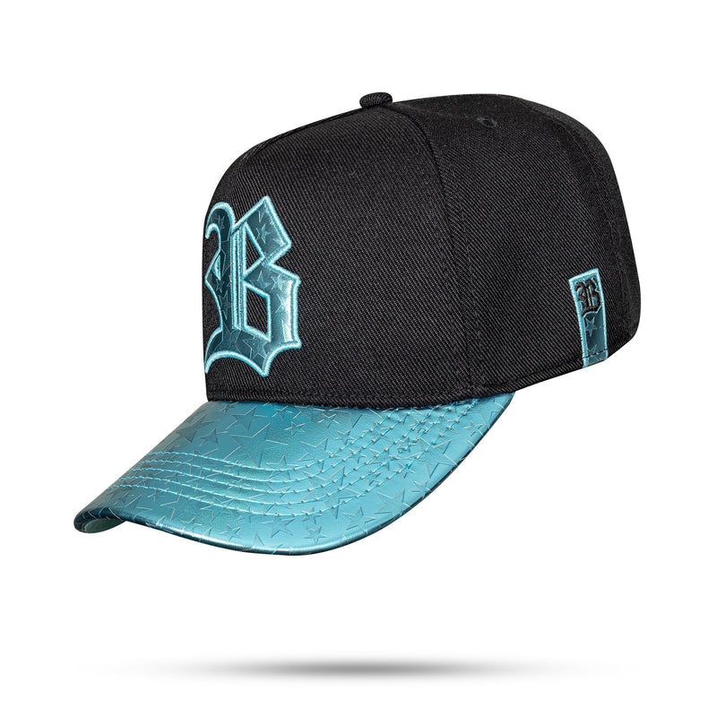 Boné Preto Snapback Aba Couro Azul Estrelado