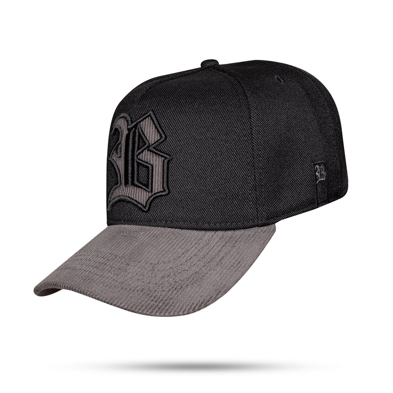 Boné Preto Snapback Contour Preto Aba Cotelê Cinza Grafite