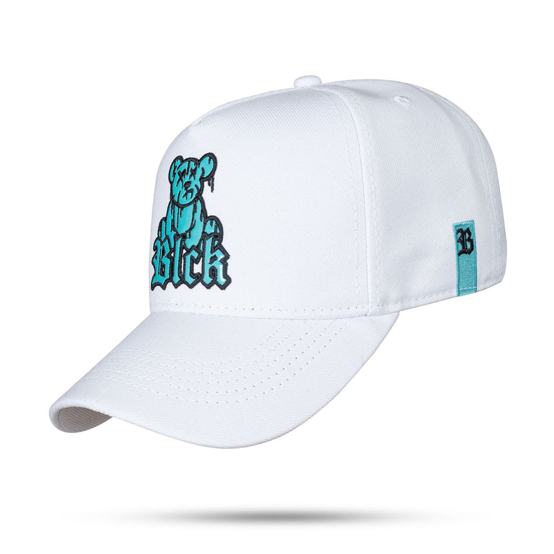 Boné Branco Snapback Urso Verniz Turquesa