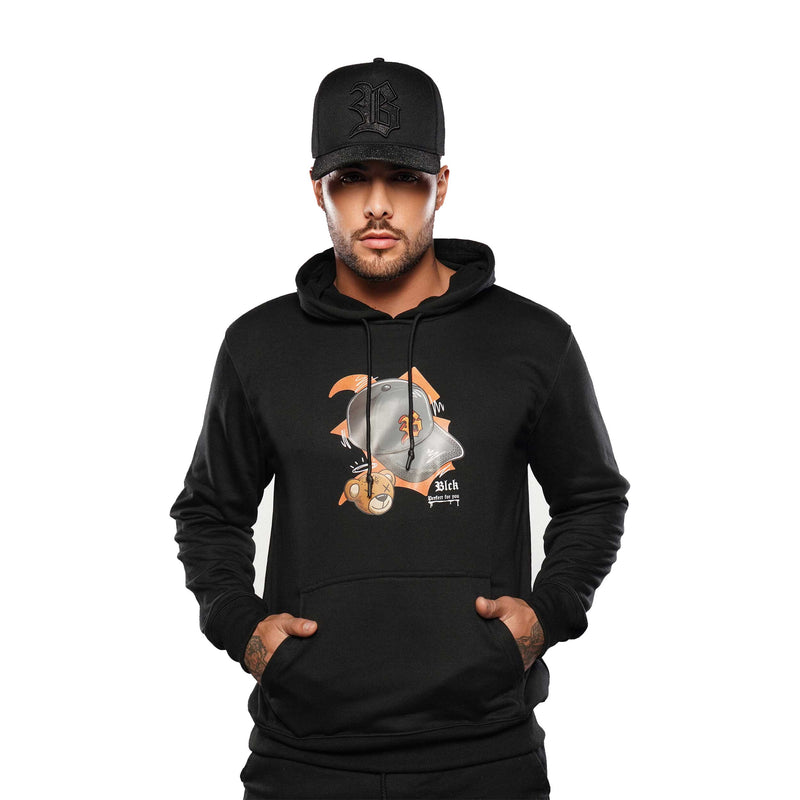 Blusa Moletom Preta Cap Logo Laranja