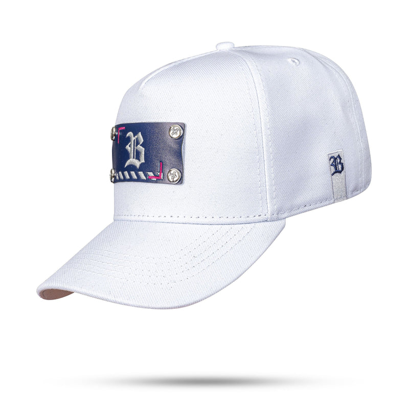 Boné Branco Snapback Tag Couro Azul Marinho